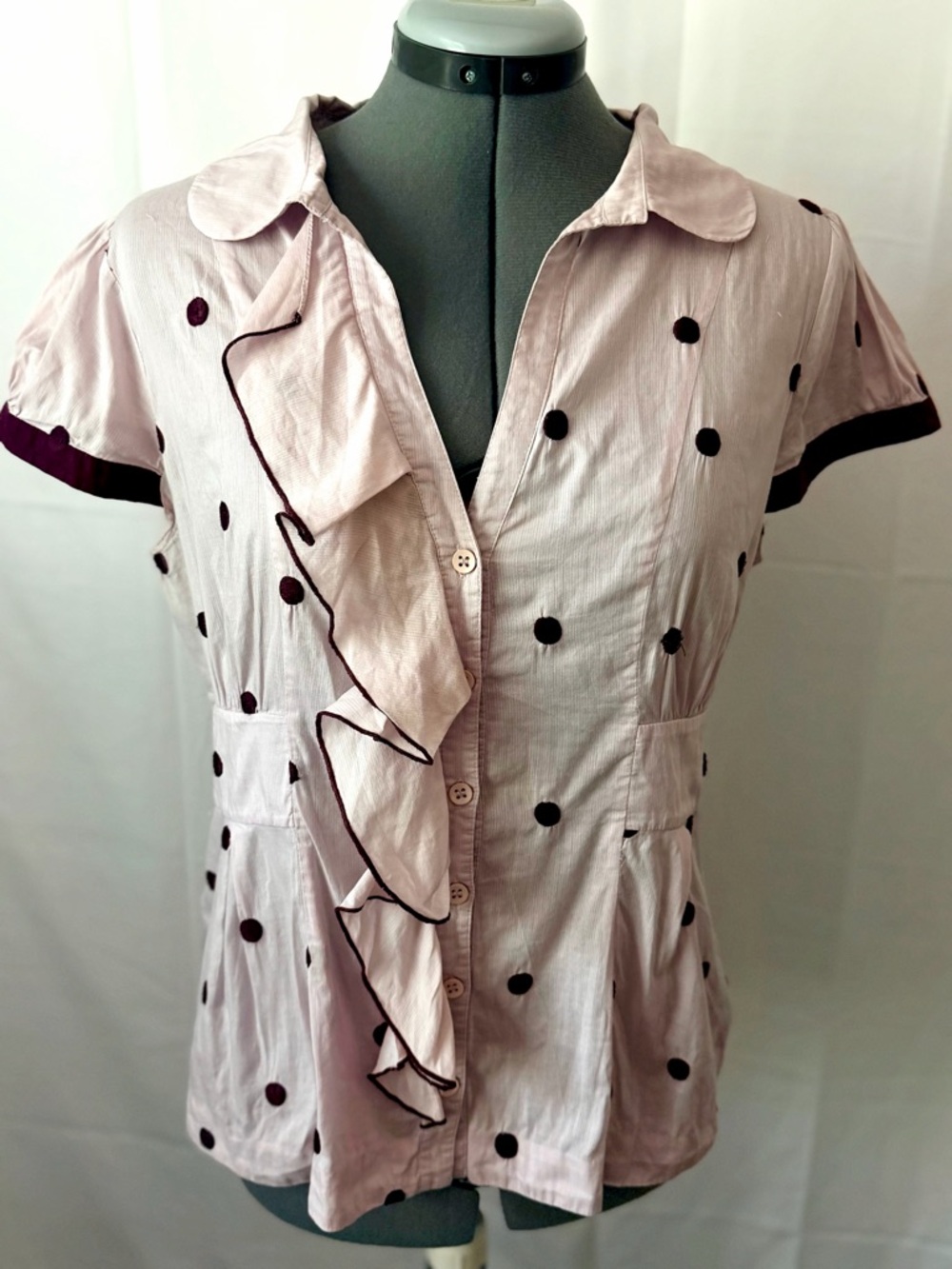 Anthropologie Floreat
Rhythmic polka dot ruffle blouse top